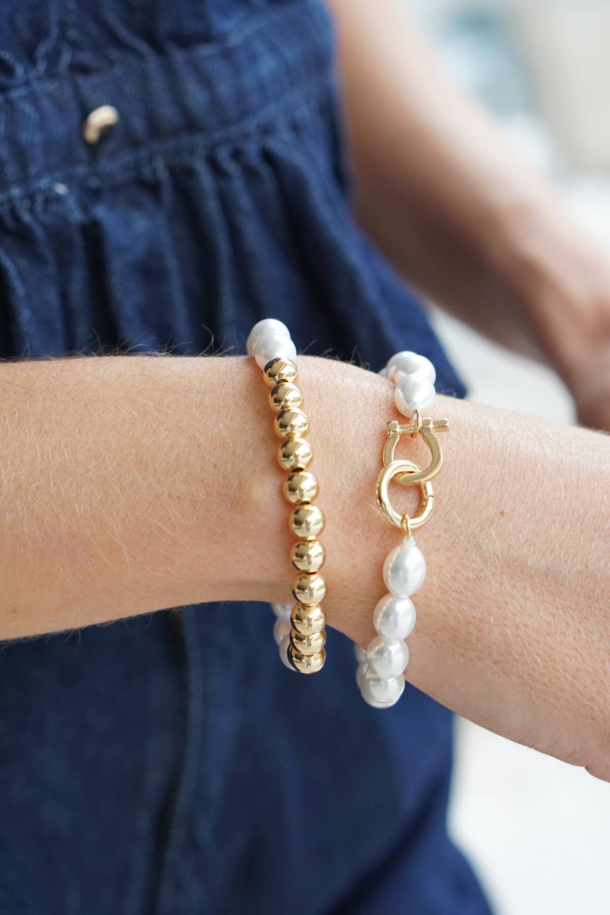 Celia Pearl & Ball Bead Stretch Bracelet Set of 2 in Ivory