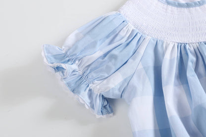 Light Blue Large Gingham Smocked Bishop Dress