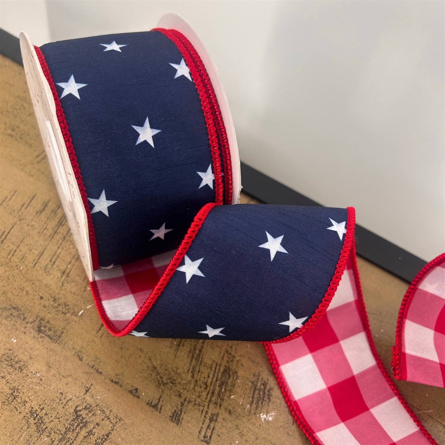 2.5” X 10Yd Print On Navy Blue Dupion With White/Red Checks