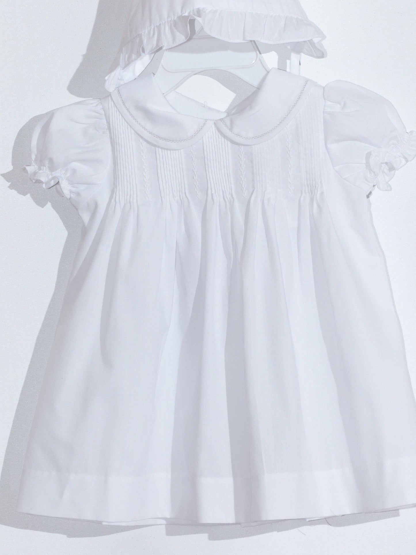 White Hand Embroidered & Pleated Dress with Bonnet