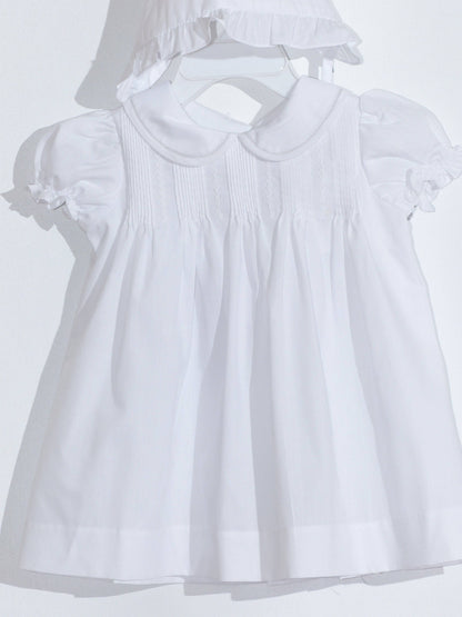 White Hand Embroidered & Pleated Dress with Bonnet