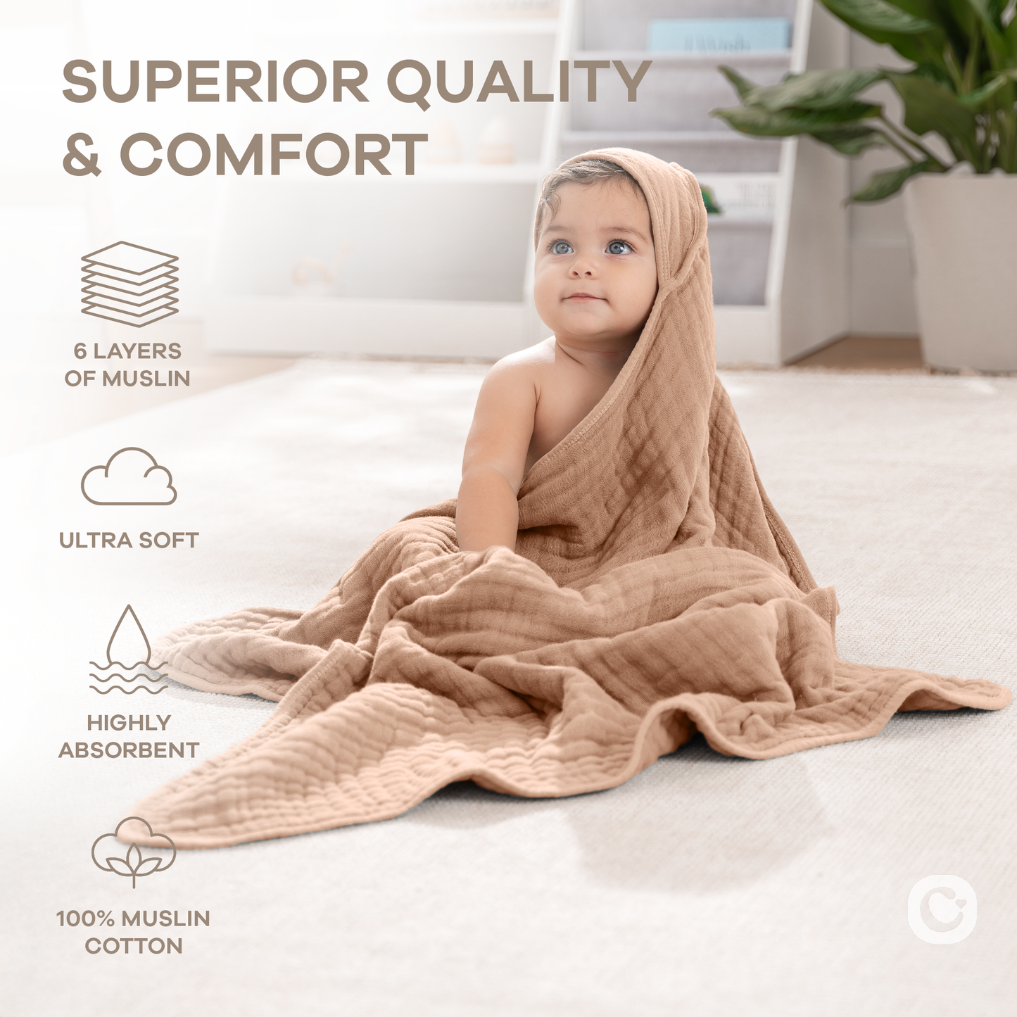 Hooded Baby Towel, 6 Layer 100% Muslin Cotton by Comfy Cubs