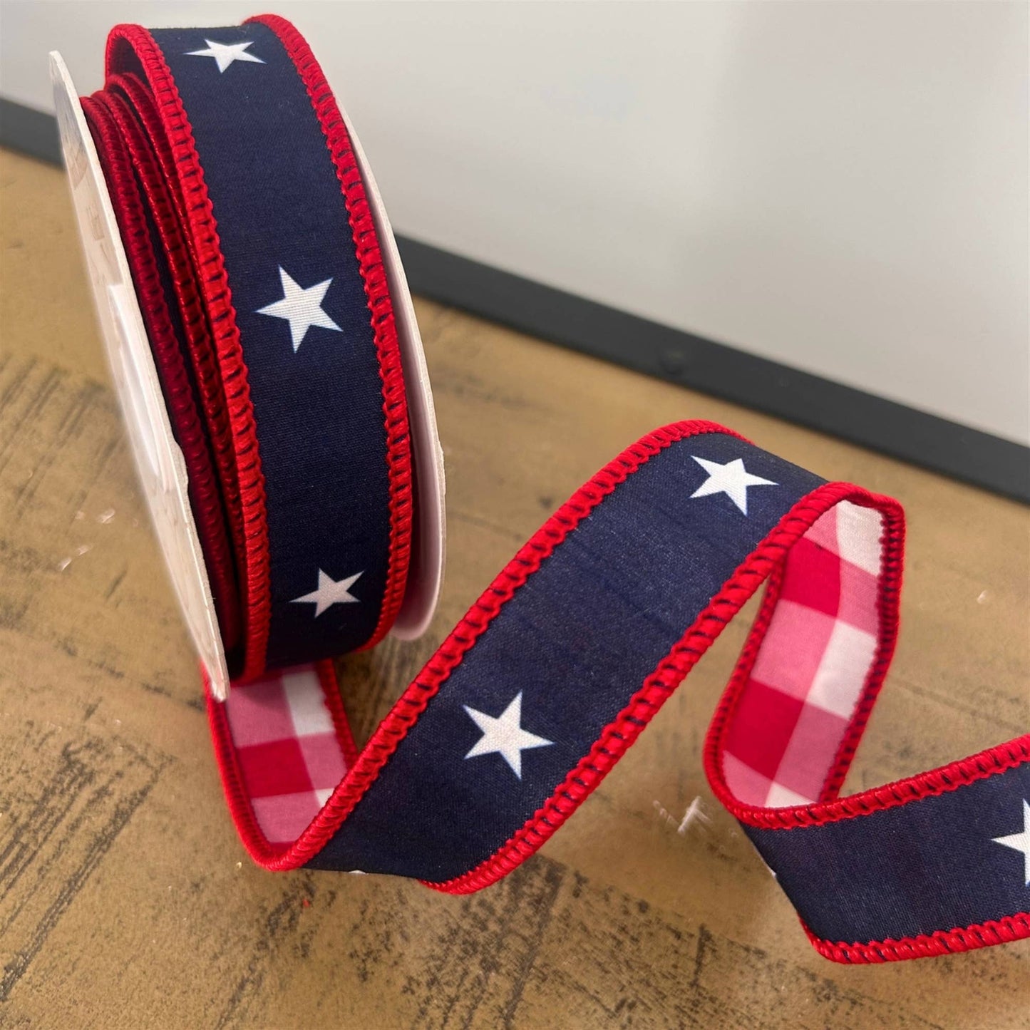 1” X 10Yd Print On Navy Blue Dupion With White/Red Checks