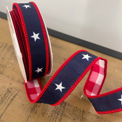 1” X 10Yd Print On Navy Blue Dupion With White/Red Checks