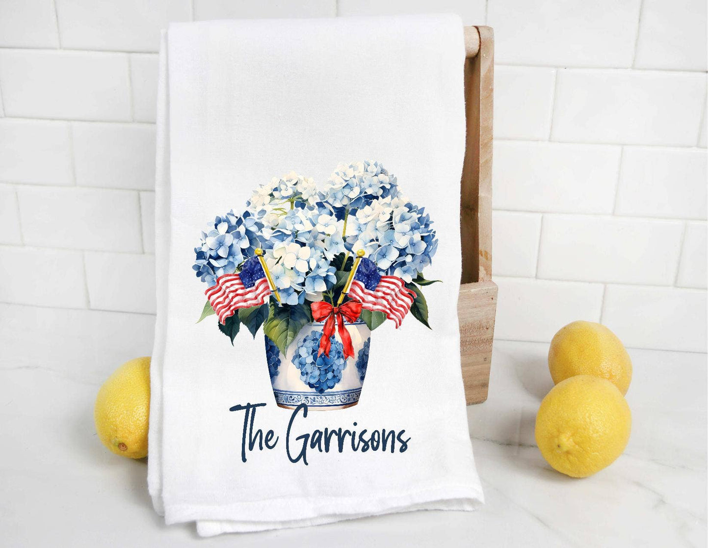 Personalized Chinoiserie Hydrangea Tea Towel