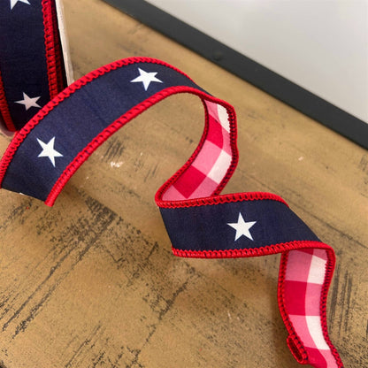 1” X 10Yd Print On Navy Blue Dupion With White/Red Checks