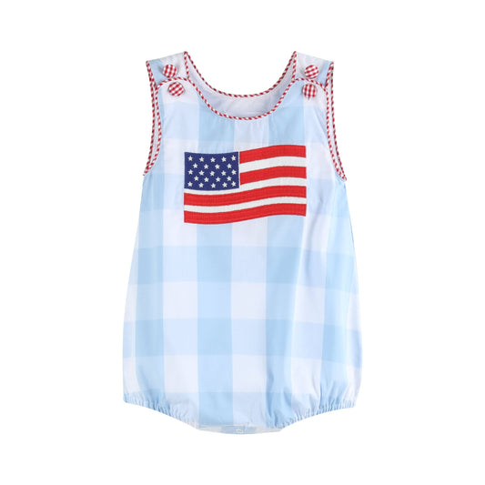Light Blue Gingham USA American Flag Romper