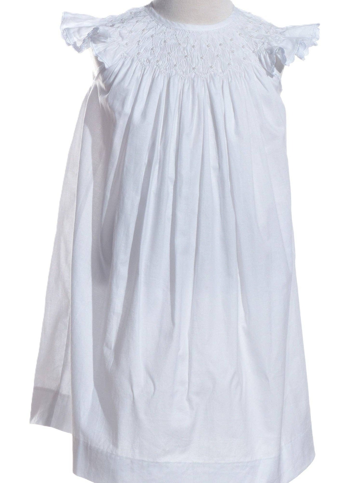 White Geometric Smocked with Pearl Angle Wing Sleeve Dress