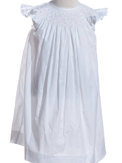 White Geometric Smocked with Pearl Angle Wing Sleeve Dress