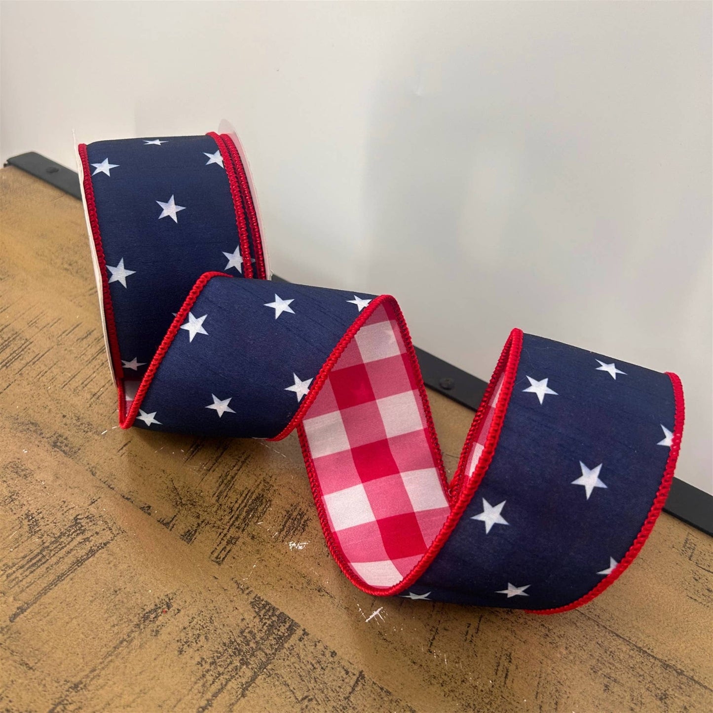 2.5” X 10Yd Print On Navy Blue Dupion With White/Red Checks
