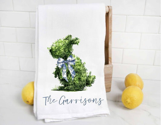 Personalized Chinoiserie Bunny Topiary Tea Towel
